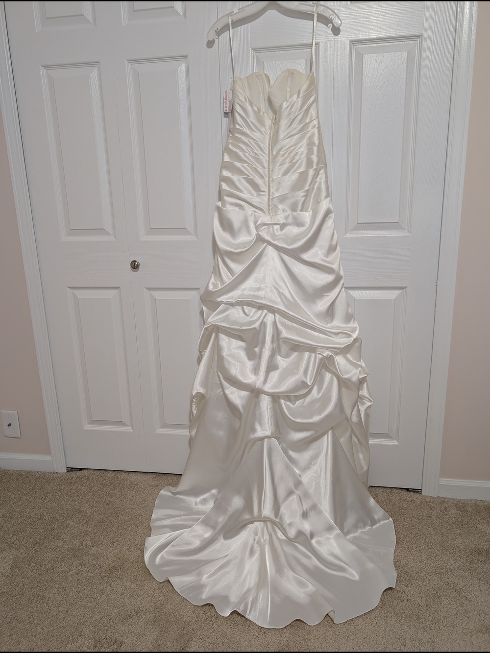 David’s Bridal Ivory Strapless Satin Wedding Dress w/ Ruching & Beaded Detail - Picture 3 of 5
